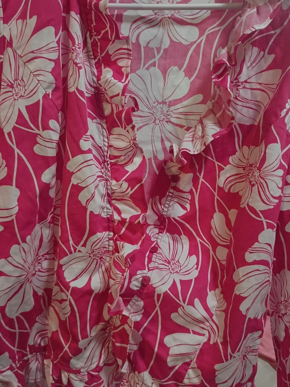 Jones New York Pink and White Floral Ruffle Blouse Long Sleeve Ladies M
